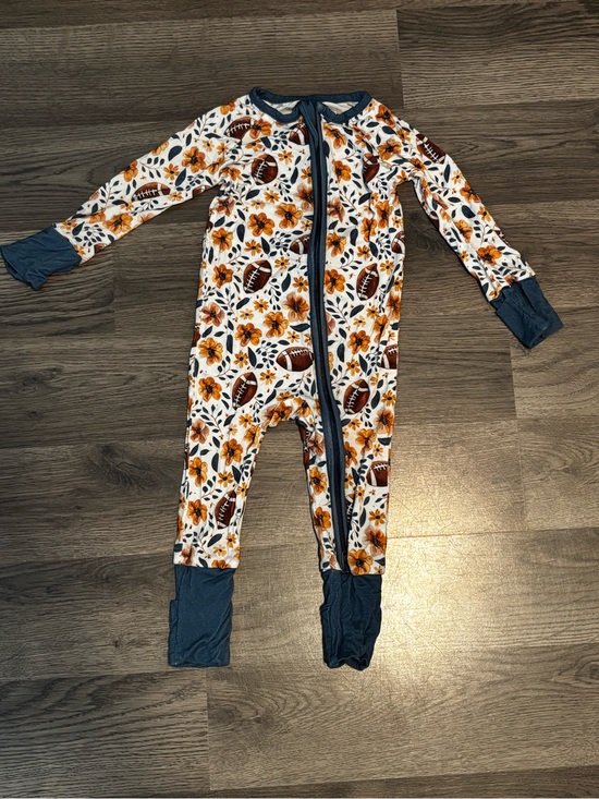 Little One Shop Other - Children's Floral & Football Footed One-Piece in White and Orange with Navy Trim